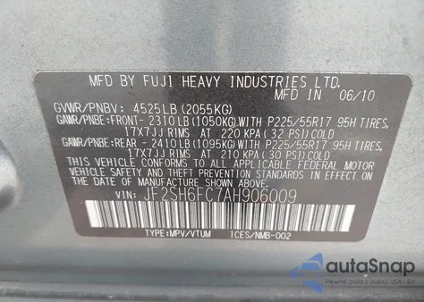 2010 Subaru Forester 2.5Xt Limited from USA, damaged, VIN JF2SH6FC7AH906009